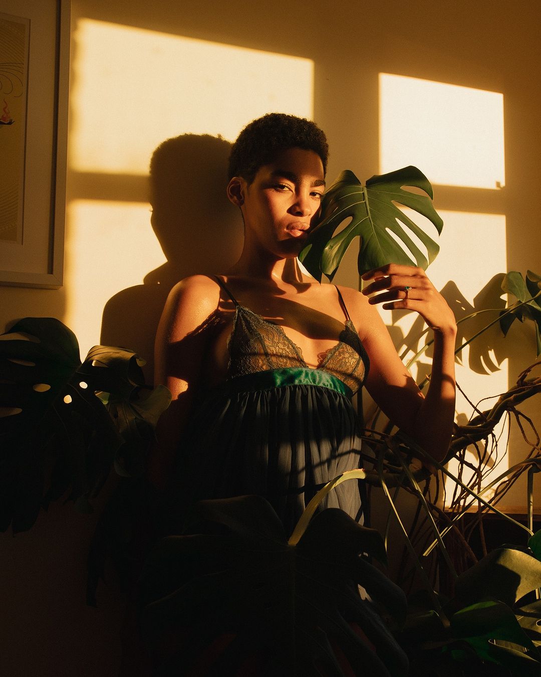 Adult woman posing with monstera leaf in a sunlit room, casting shadows on the wall. Indoor shot with warm lighting and a relaxed mood.