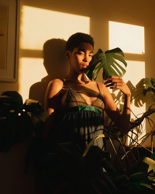 Adult woman posing with monstera leaf in a sunlit room, casting shadows on the wall. Indoor shot with warm lighting and a relaxed mood.
