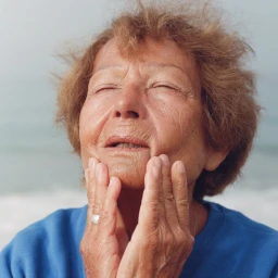 Elderly woman with closed eyes touching her face with both hands outdoors by the coast
