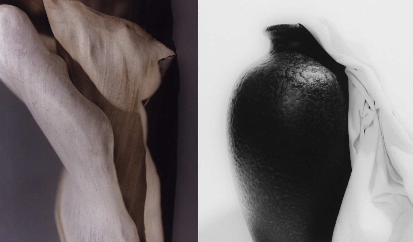 Split diptych displays a light wood sculpture on the left and a dark vase with a white cloth on the right against bright backgrounds.