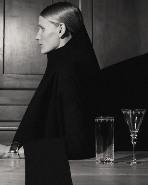 Elegant profile of woman in black turtleneck with minimalist jewelry. Two glasses are placed on a table with a dark background.