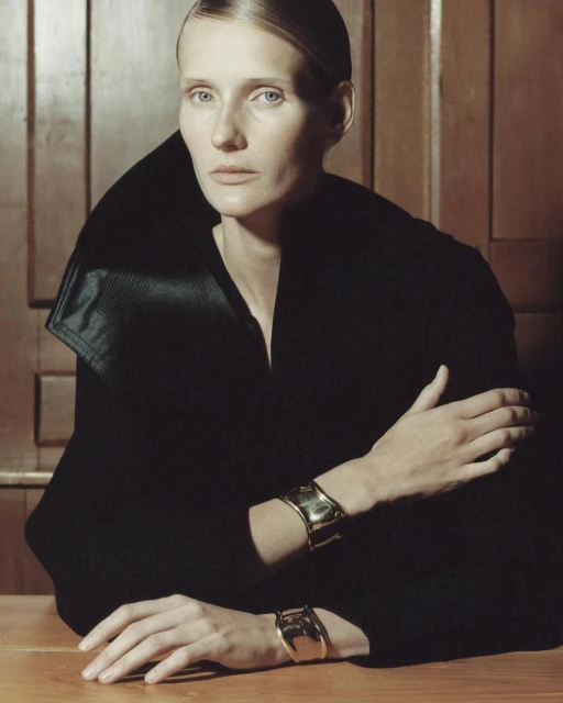 Fashion portrait of a blond woman wearing a black coat and metallic cuff bracelets, posing against a wood panel background.