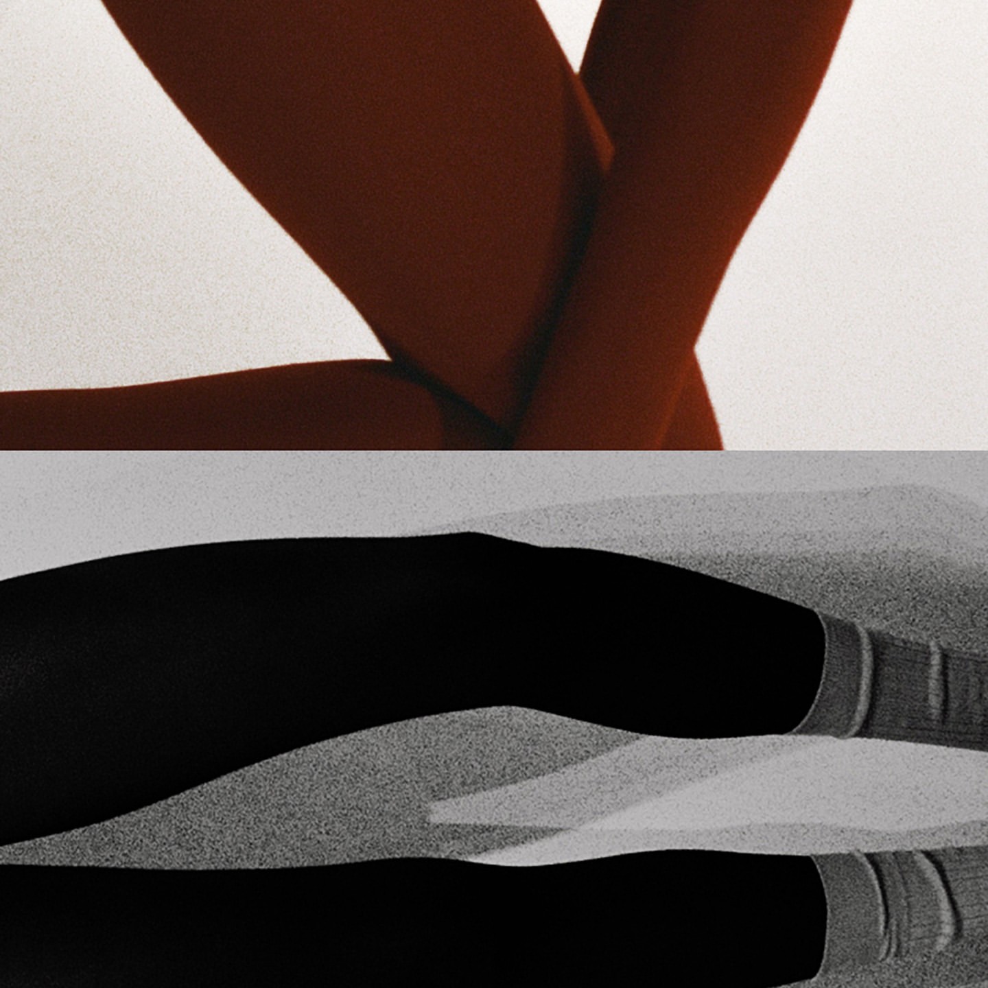 Abstract split-screen image of a model's legs in opaque tights against a bright white background, with a black and white section below.