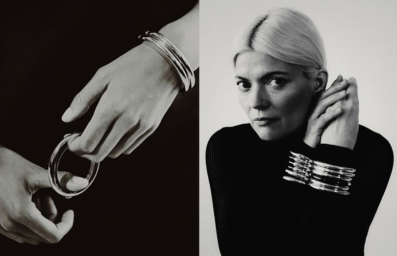 Monochrome diptych: A woman with blonde hair wears multiple silver bangles on her wrist with a dark background on the left.
