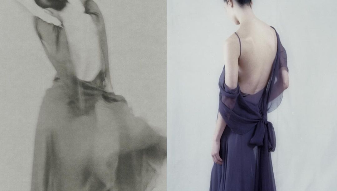 Two images side-by-side: a blurry vintage portrait next to a modern image of a woman in a low-backed dress tied at the waist.