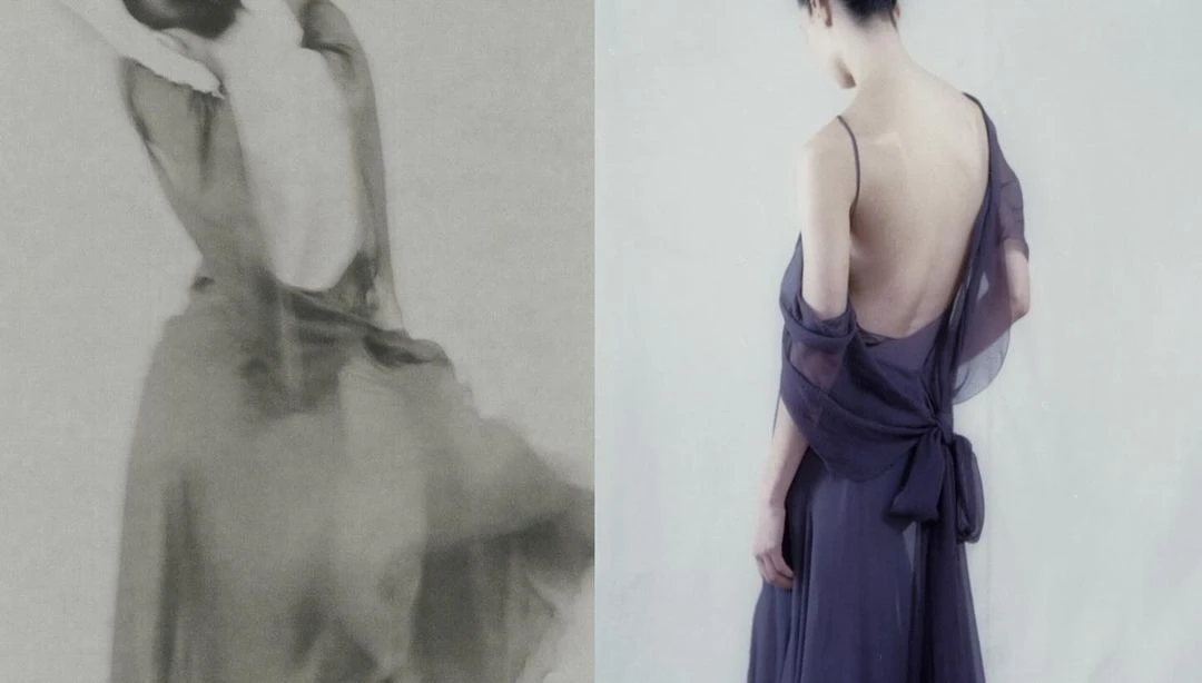 Two images side-by-side: a blurry vintage portrait next to a modern image of a woman in a low-backed dress tied at the waist.