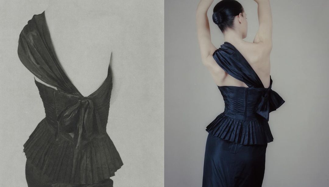 Fashion shoot of an adult female from the rear wearing an elegant navy dress against an off-white background; image split with a vintage dress design.