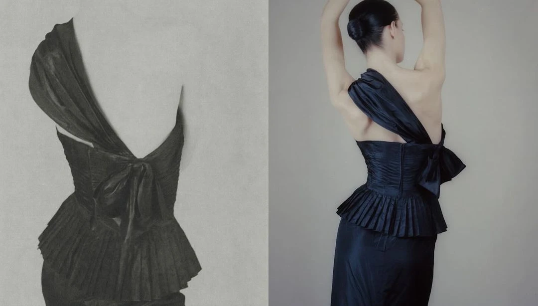 Fashion shoot of an adult female from the rear wearing an elegant navy dress against an off-white background; image split with a vintage dress design.