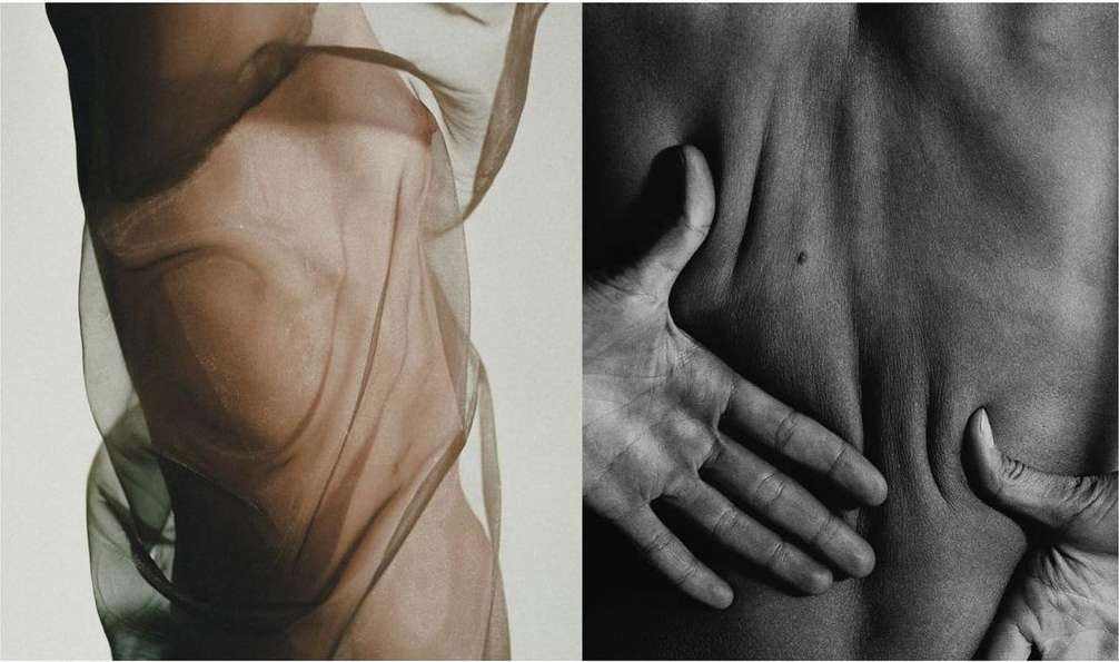 Artistic dual image featuring a partially visible nude torso with sheer fabric and grayscale close-up of skin folds and hand pressure.