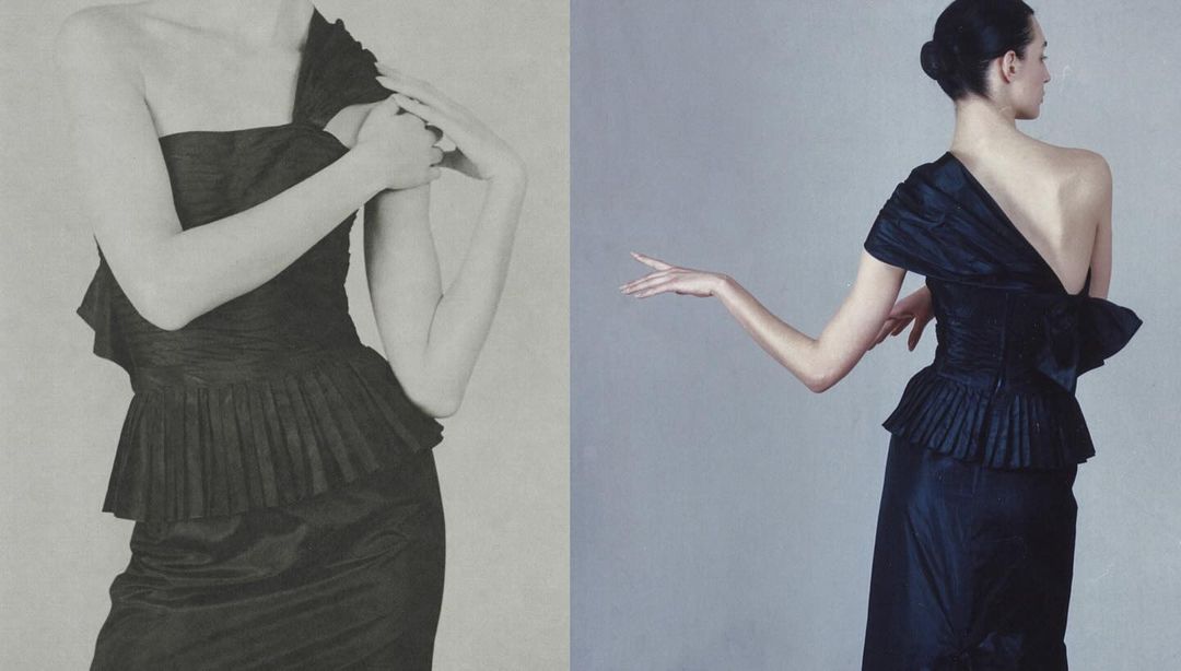 Two-panel fashion shot: a black dress on a model, front and back view, showing elegant, sleeveless design and pleated details.