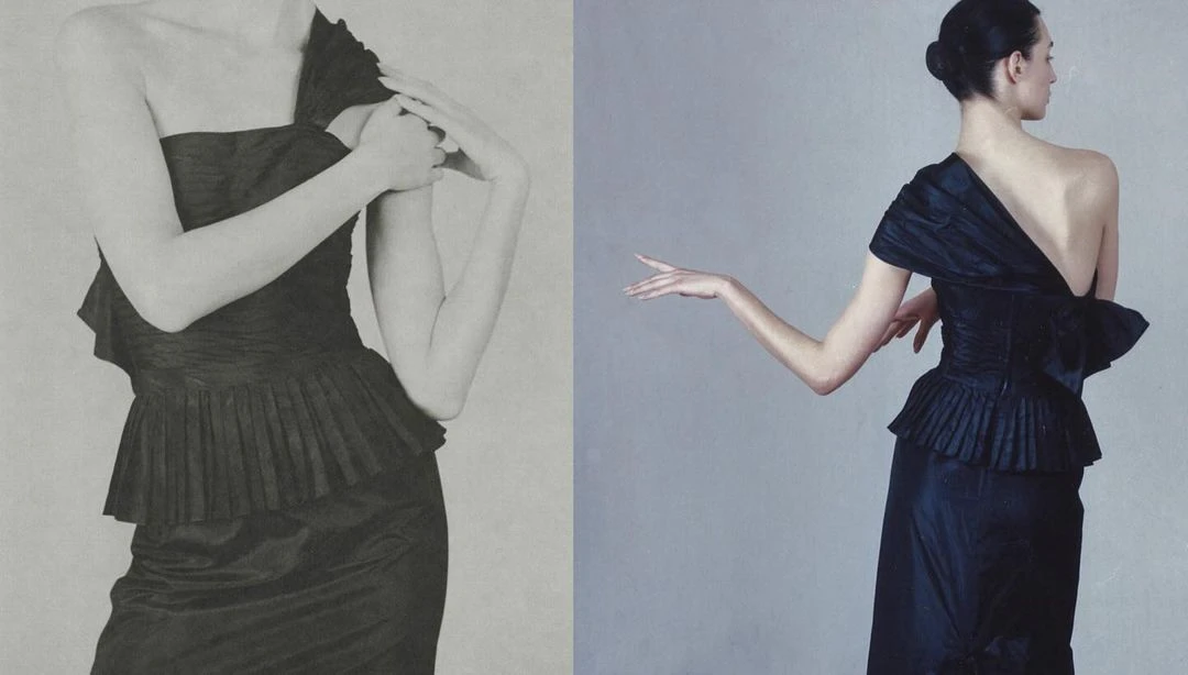 Two-panel fashion shot: a black dress on a model, front and back view, showing elegant, sleeveless design and pleated details.