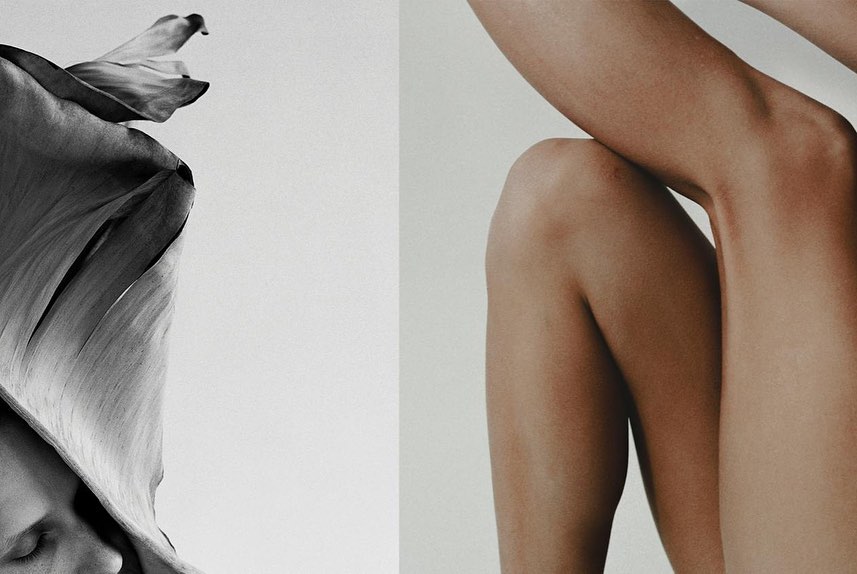 Black and white photo of a woman's face partially obscured by a large leaf, juxtaposed with bare legs against a light backdrop.