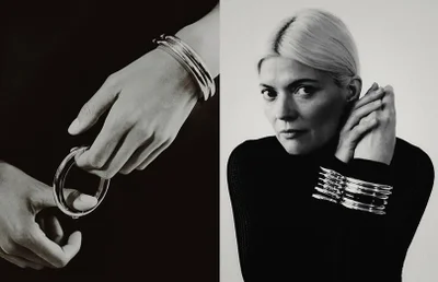 Monochrome diptych showing hands holding a silver bangle and a woman wearing multiple silver bangles by Anastasiia Duvallie