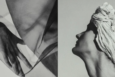 Monochrome diptych of a hand touching draped fabric and a profile portrait of a woman wearing a draped headwrap