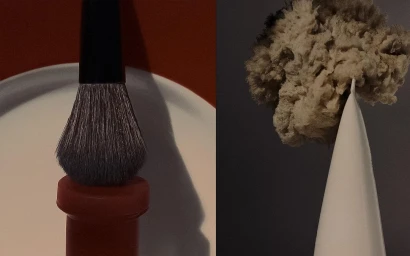 A diptych featuring a makeup brush on a red base and a textured sponge resting on a white cone.