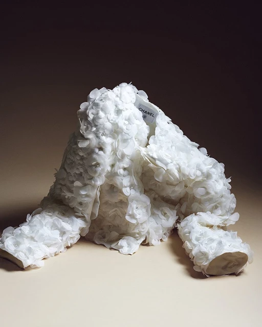 A white, flower-covered Chanel jacket on a beige background, showcasing high fashion and textile artistry in a studio setting.