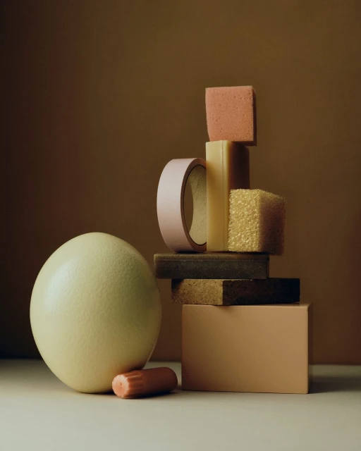 Still life composition featuring a large egg, sponge blocks, and tape roll in neutral tones against a plain brown background.
