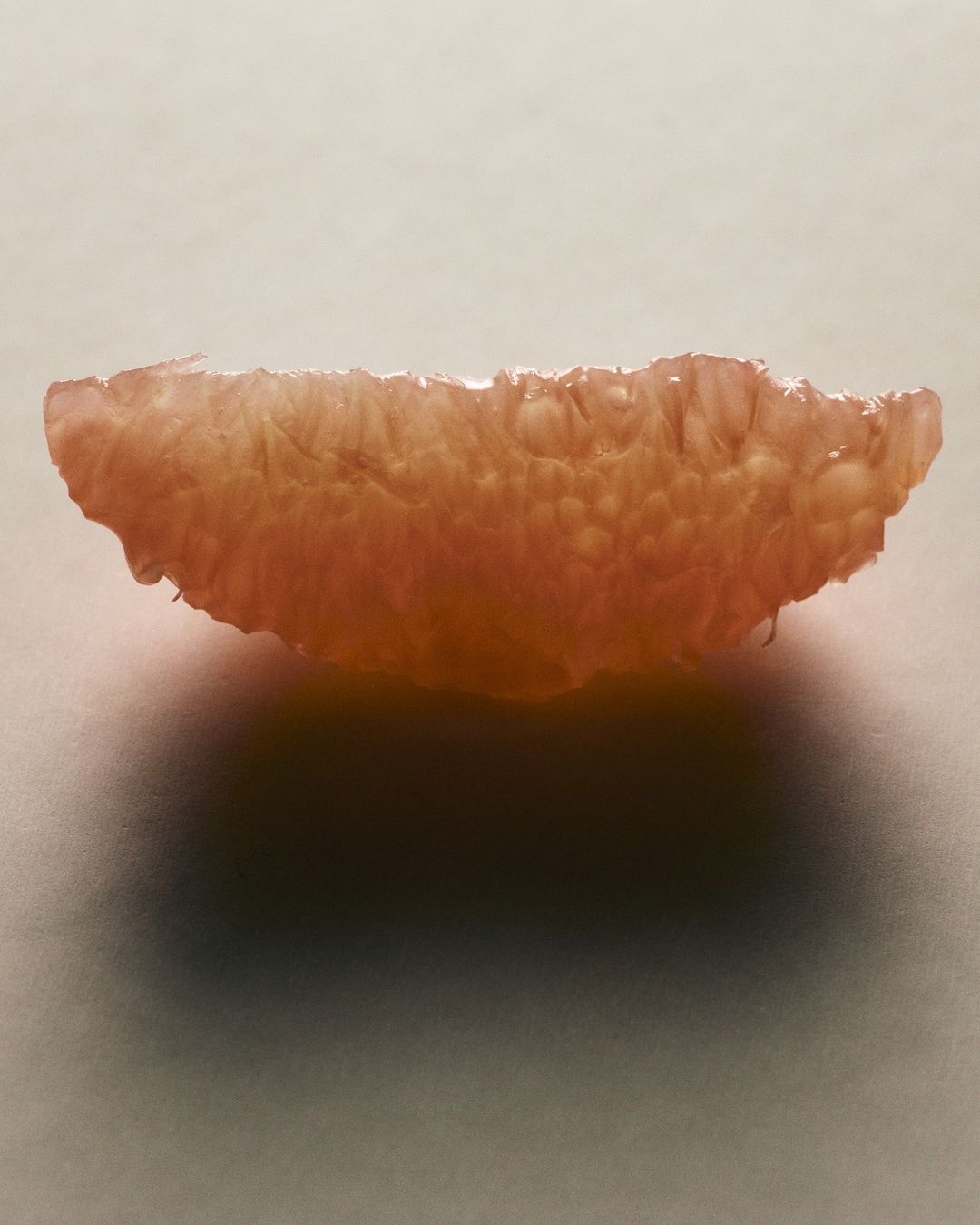 Close-up studio shot of a grapefruit slice, featuring its juicy texture and vibrant color, set against a soft neutral backdrop.