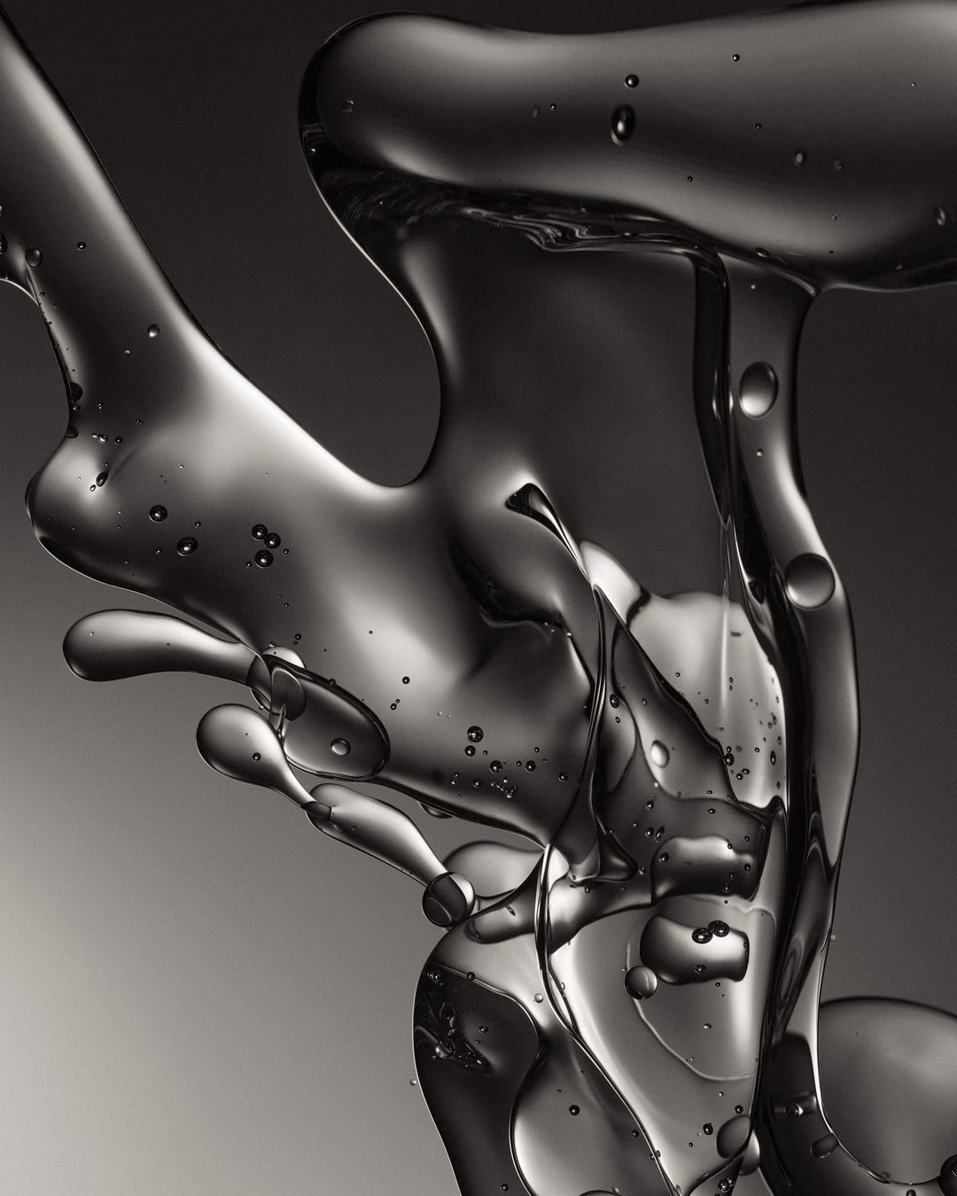 Abstract close-up of shiny, translucent liquid formations with dark gray gradients and varying shapes and sizes against a gray background.