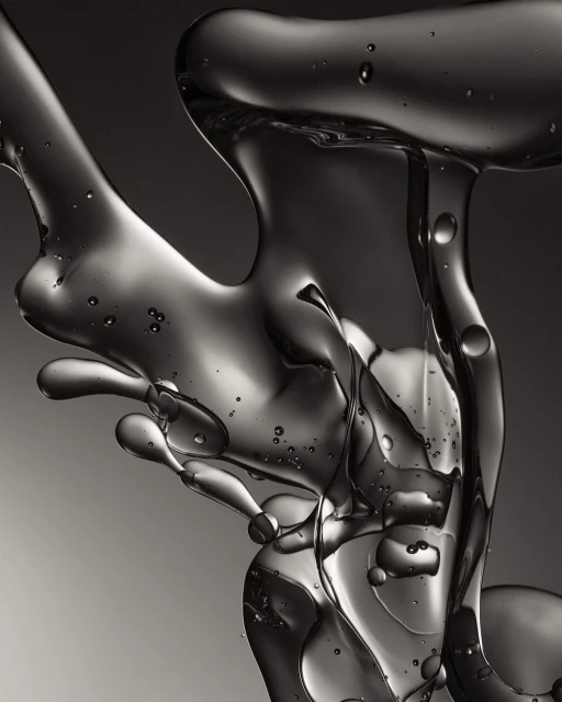 Abstract close-up of shiny, translucent liquid formations with dark gray gradients and varying shapes and sizes against a gray background.