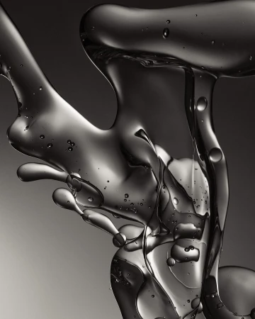 Abstract close-up of shiny, translucent liquid formations with dark gray gradients and varying shapes and sizes against a gray background.