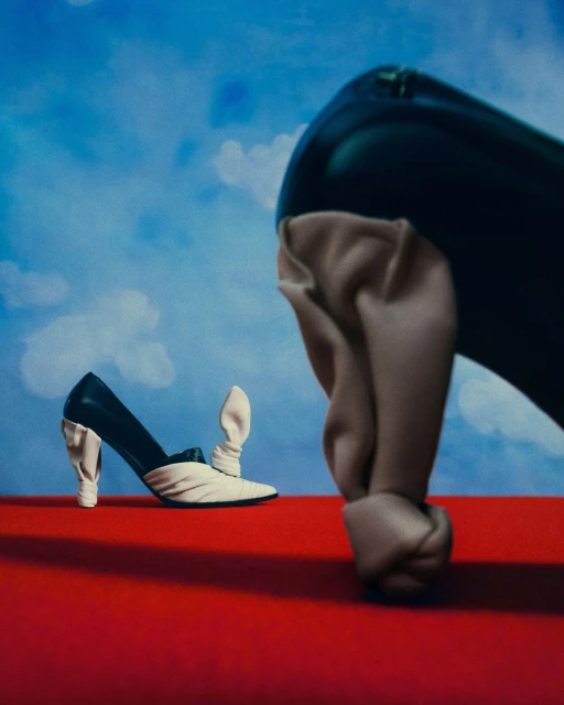 Fashion still life: A black pump with fabric detailing stands on a red surface against a blue sky backdrop with fluffy clouds.