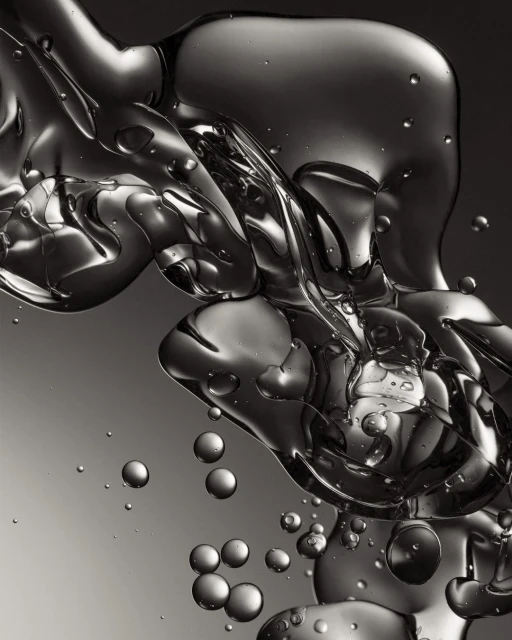 Abstract still life of oil and water creating liquid spheres and abstract shapes against a graduated grey background, macro photography.