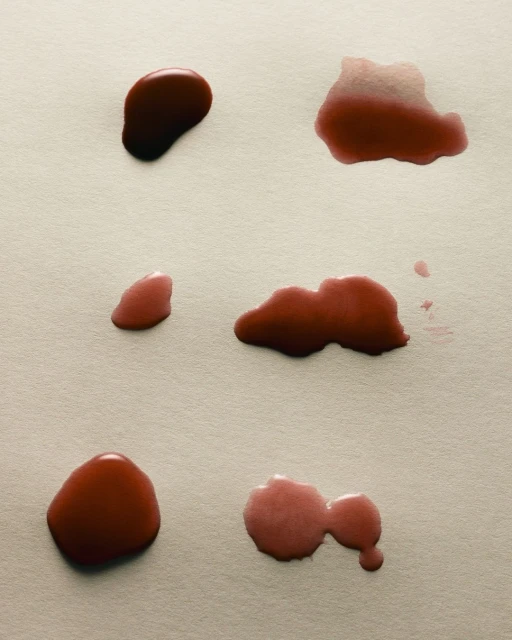 Multiple drops of red liquid on a white surface, creating abstract shapes and patterns, with a slightly textured, off-white background.