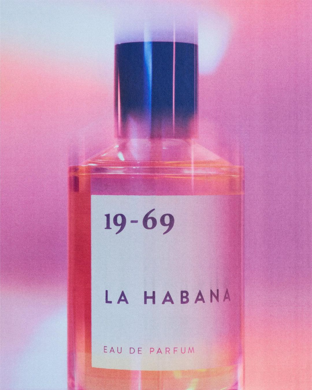 Bottle of 19-69 La Habana eau de parfum with pink background and studio lighting. Close-up shot with shallow depth of field.