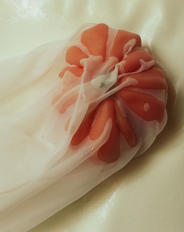 Close-up of a translucent spring roll wrapper with visible red filling, showcasing its delicate texture and vibrant color.