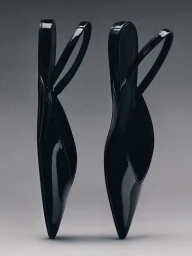 Two black patent leather slingback flats standing upright against a seamless neutral grey studio background.