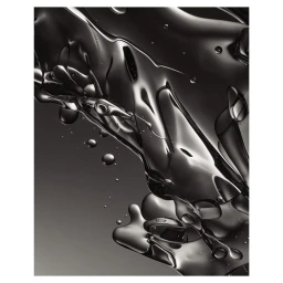 Monochrome abstract studio macro shot of flowing dark liquid with high-contrast metallic highlights and suspended droplets.