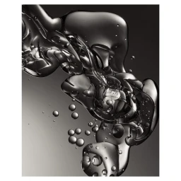 Macro shot of clear fluid droplets and organic shapes suspended against a dark gradient background
