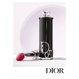 Commercial product shot of Dior lipstick in a black case with silver logo, with a second tube lying flat, against a pale backdrop