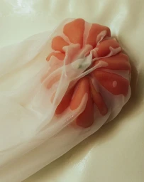 An orange fruit wrapped inside a translucent white fabric cloth against a light background