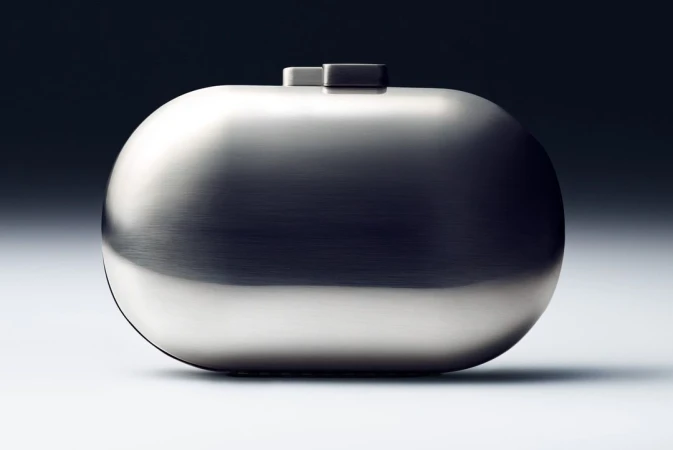 Sleek metallic silver capsule clutch bag photographed in studio against a clean gradient background by Anders Kylberg