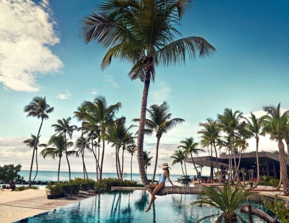 Woman in blue swimsuit sitting on a palm tree trunk overhanging an outdoor swimming pool surrounded by palm trees