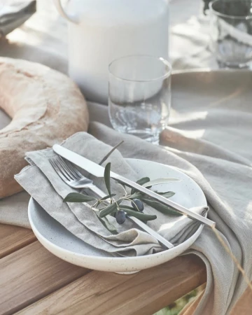 Still life of a table setting with a white plate, silverware, olive branch, glass of water, white pitcher, and bread, in natural light.
