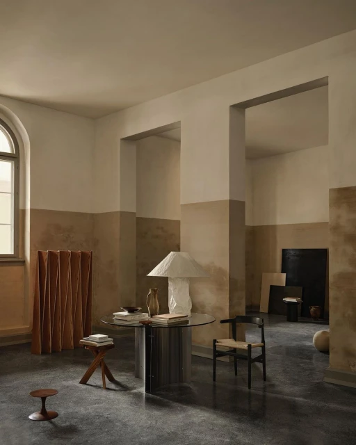 Neutral interior featuring a modern round table with a lamp, a woven chair, and warm color scheme. Minimalist design.