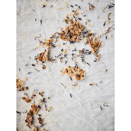 Overhead shot of crackers and loose herbs scattered on parchment paper, highlighting textures and organic presentation.