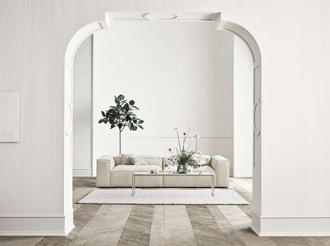 Living room interior featuring a cream sofa, decorative plant, and modern coffee table, viewed through an archway in a bright and airy space.