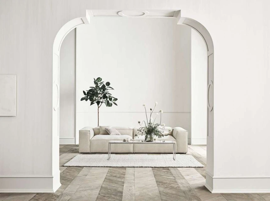 Living room interior featuring a cream sofa, decorative plant, and modern coffee table, viewed through an archway in a bright and airy space.