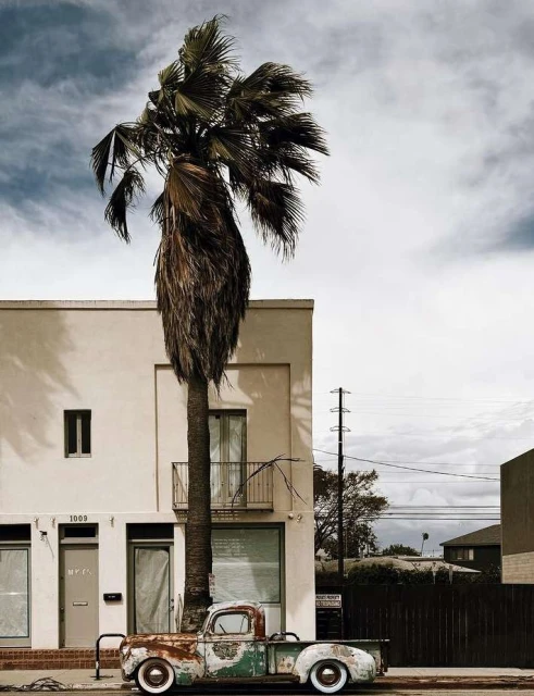 Vintage pickup truck parked in front of a stucco building next to a tall palm tree under a cloudy sky in an urban environment.