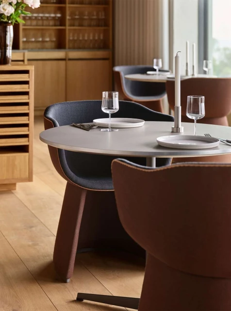 Modern restaurant interior featuring round tables with plates and glasses, surrounded by stylish chairs and soft, natural lighting.