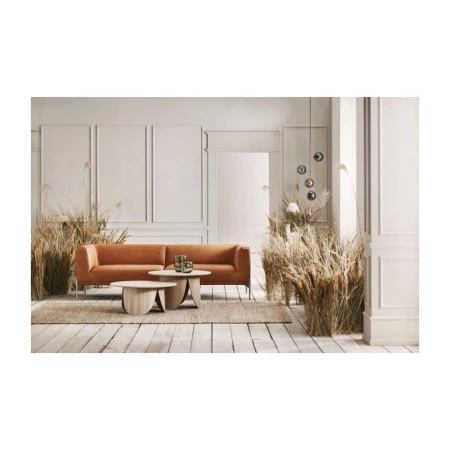 Interior photography of a modern living room featuring a rust orange sofa, round wooden coffee tables, and dried ornamental grasses.