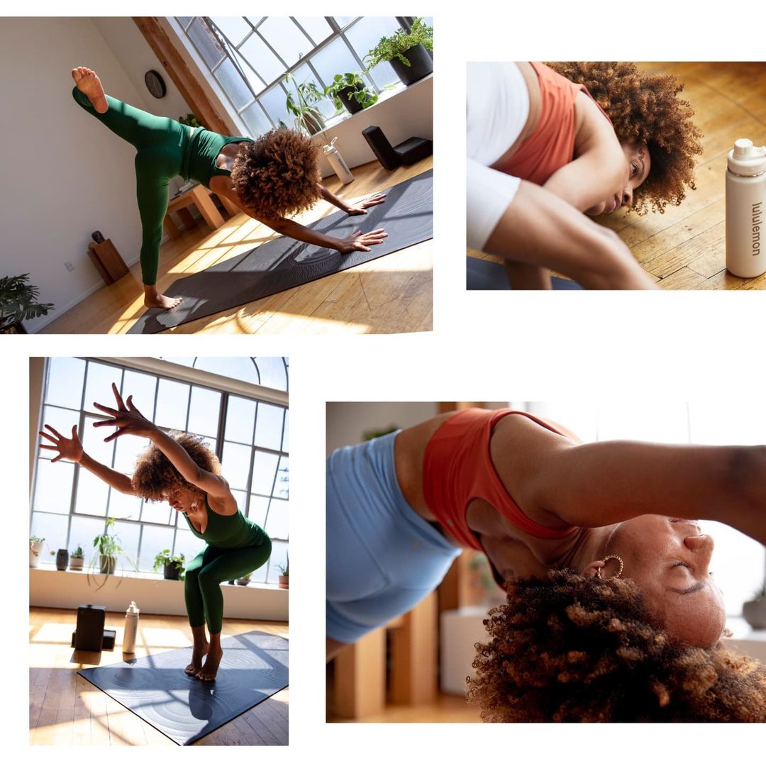 Athletic woman practices yoga poses on a mat in a brightly lit studio with a hardwood floor and large windows, focusing on wellness.