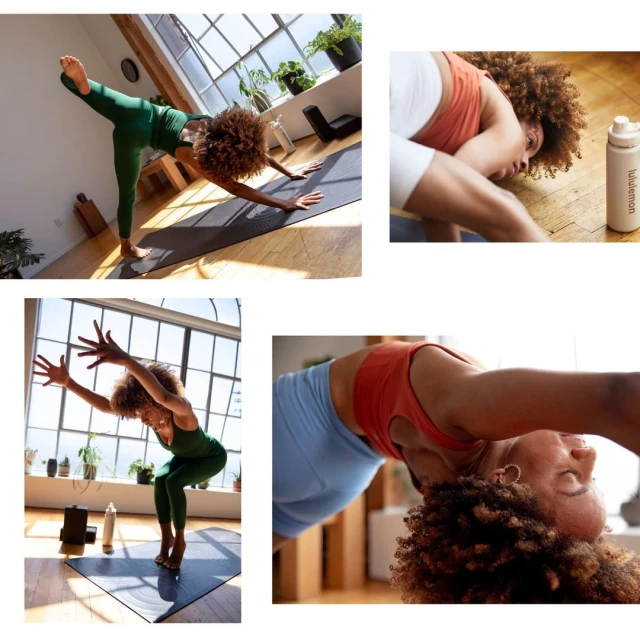 Athletic woman practices yoga poses on a mat in a brightly lit studio with a hardwood floor and large windows, focusing on wellness.
