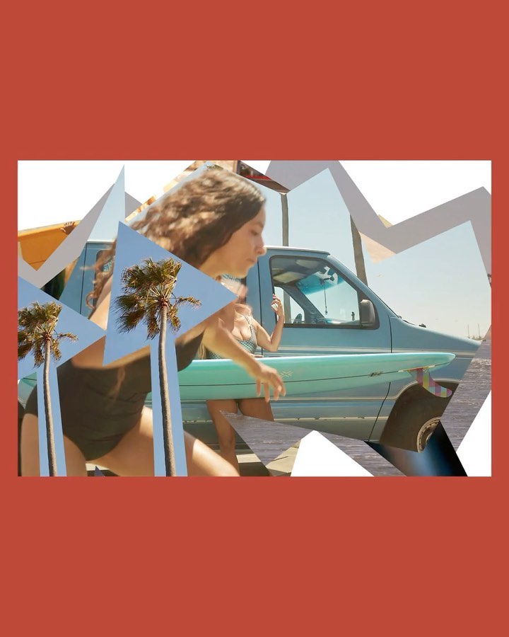 Collage style image of a woman carrying a blue surfboard near a light blue van with palm trees in the background.