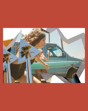 Collage style image of a woman carrying a blue surfboard near a light blue van with palm trees in the background.