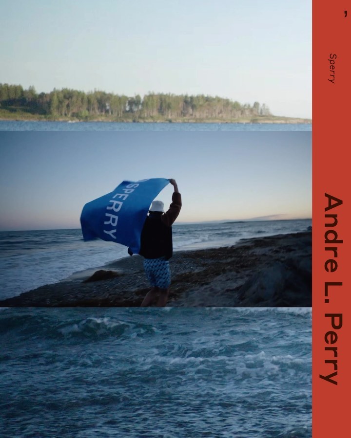 Person on beach holding Sperry brand flag at water's edge, blue sea and sky in background, triptych composition, editorial style.